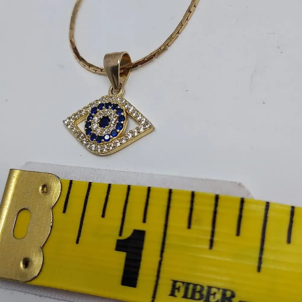 Evil Eye Pendant 14mm Chain Blue Clear Rhinestones Pendant Marked 925 UNTESTED